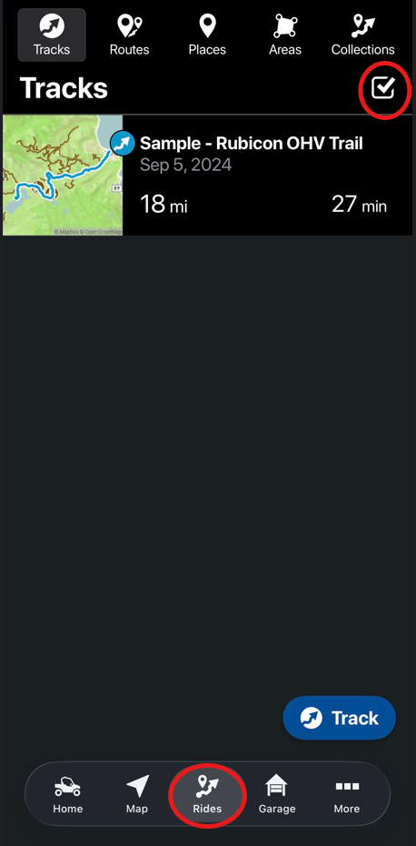 Collection button circled on Rides tab
