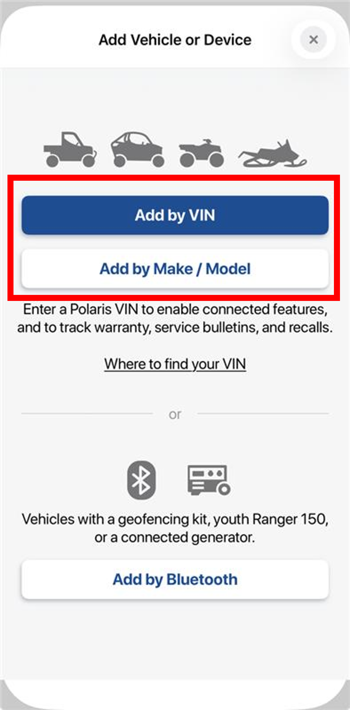Native Add Vehicle by VIN, Make, or Model