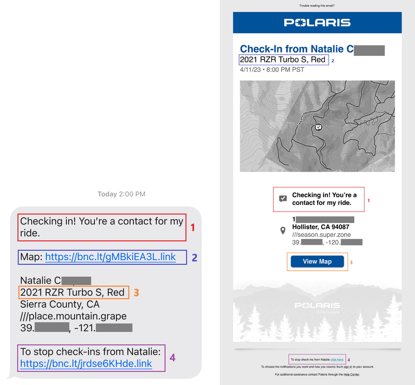 example of a check-in message via text and email with each element highlighted and explained above