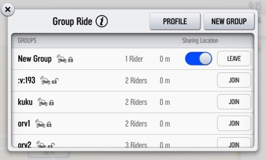 Group Ride screen