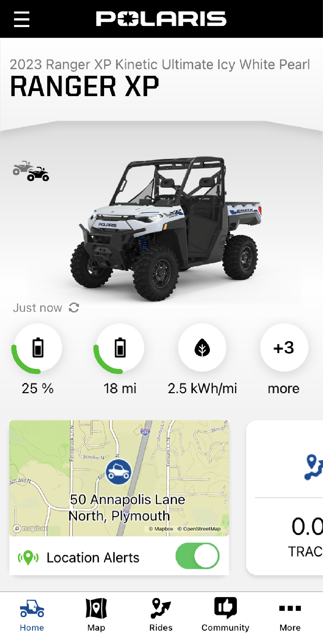 screenshot of the home page of the polaris app with the location alerts turned on and synced