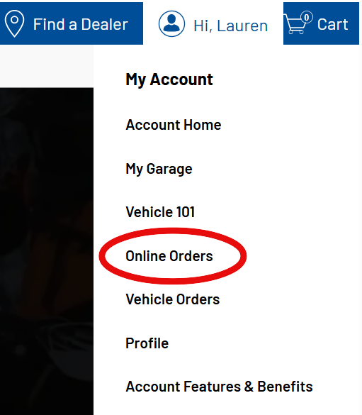 Online Orders in Dropdown Menu