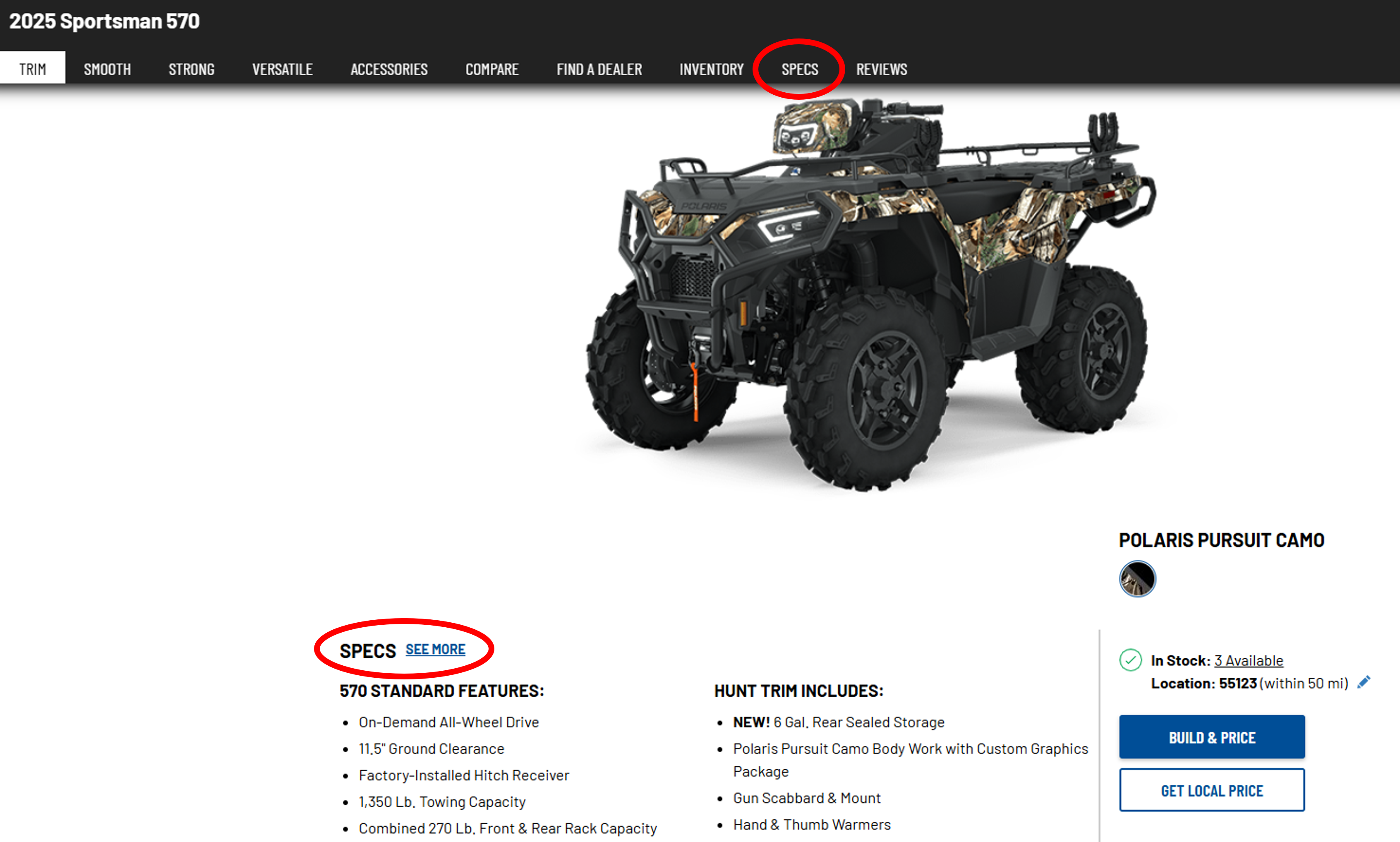 Red Circle around Product Specs Link