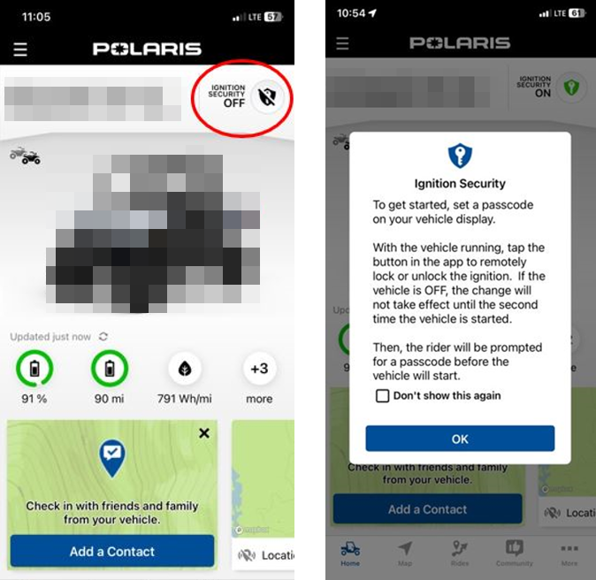 RIDE COMMAND+ Ignition Security OFF Icon And Pop Up Prompt