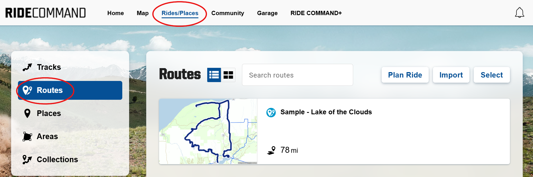 Routes on the RIDE COMMAND website