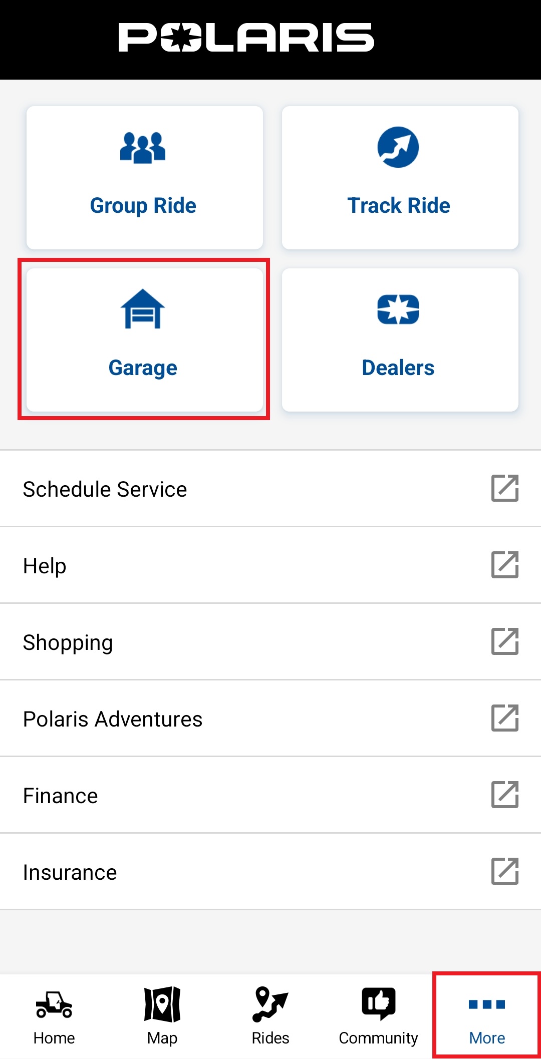 navigate to the garage page by tapping MORE then GARAGE